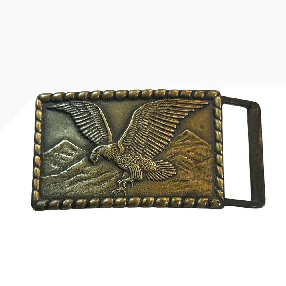 Vintage Brass Tone Soaring Eagle Mountain Scene Belt Buckle Western Metal